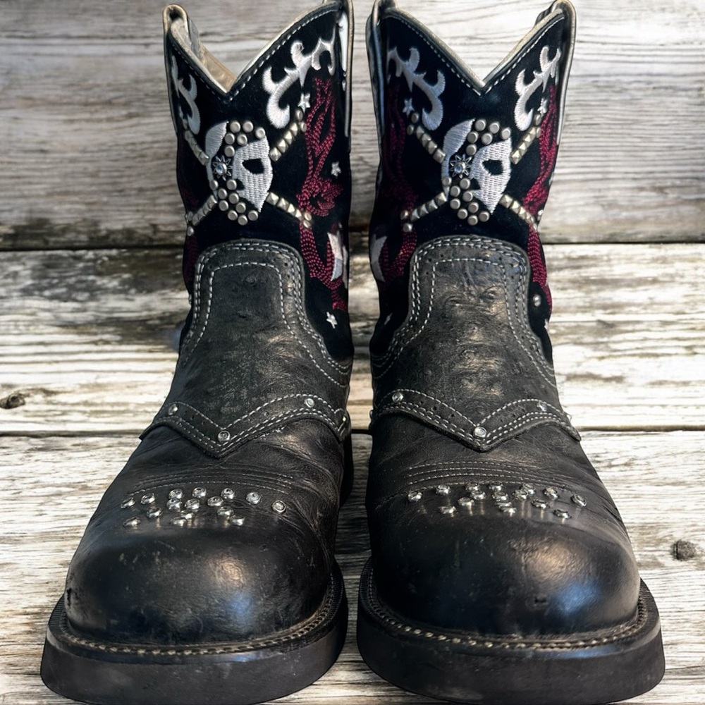 Ariat Black Leather Studded Western Boots with Red & White Embroidery